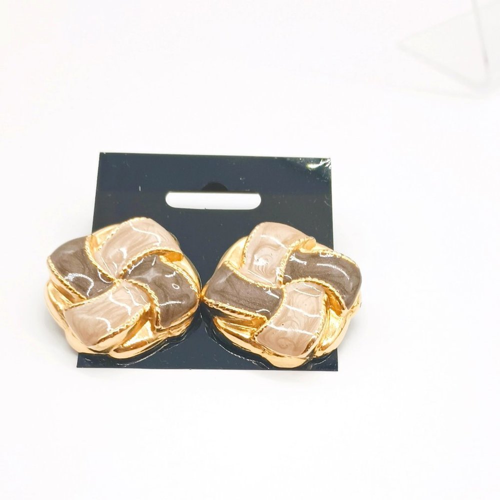 Keriss Vtg Cream Brown Enamel Earrings Square Woven Gold Chunky Fall Statement